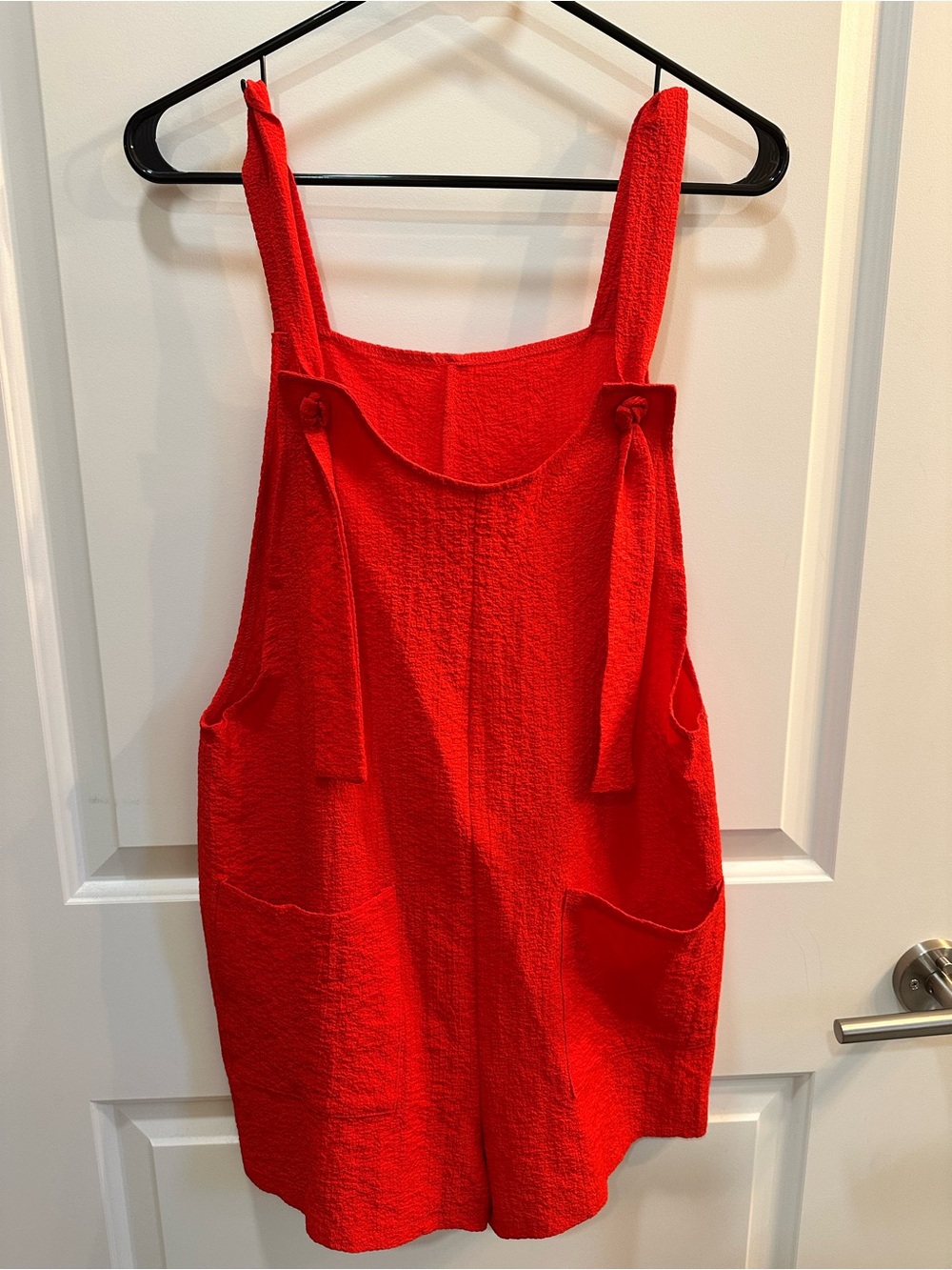 Red Textured Tie-Strap Romper Jumpsuit